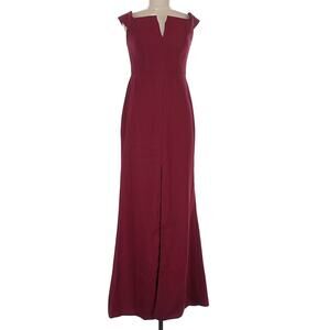 NWT Dessy Off Shoulder Notch Trumpet Crepe Gown with Front Slit in Burgundy, 6